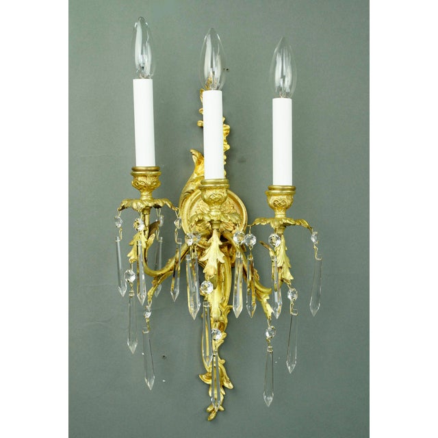 French Mid 20th Century Restored French Gold Gilded Bronze & Crystal 3 Arm Wall Sconces - a Pair For Sale - Image 3 of 13