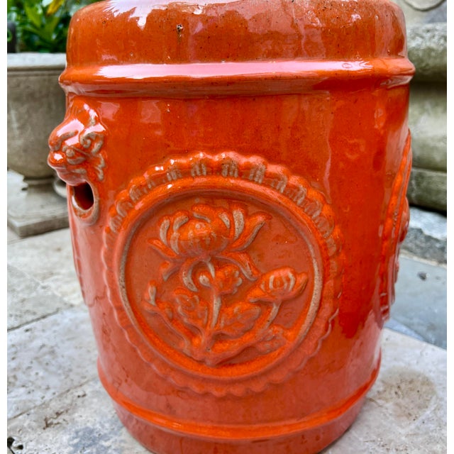Mid 20th Century Mid Century Orange Ceramic Garden Stools With Floral Medallions & Lion Head Handles For Sale - Image 5 of 12