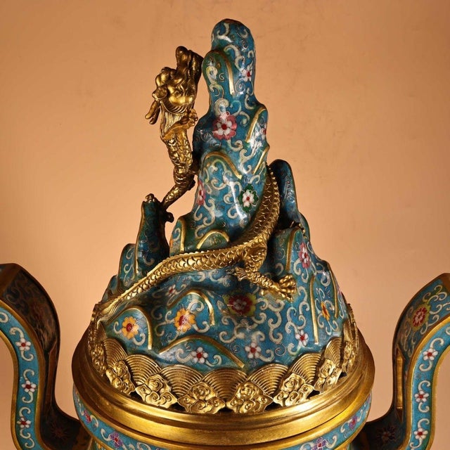 Pair of Large Cloisonné Enamel Gilt Bronze Dragon Boshan Censers For Sale - Image 9 of 9