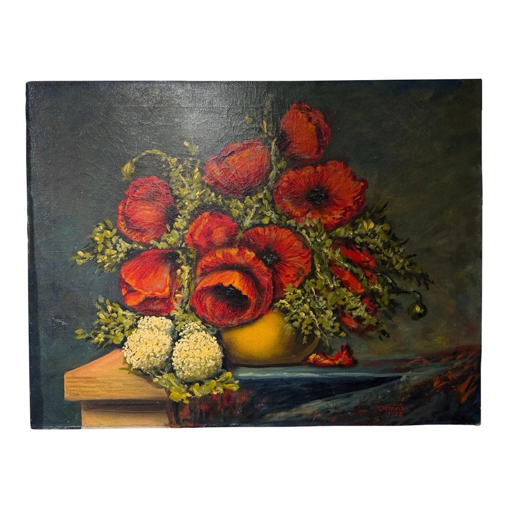 1928 Red Poppies Still Life Oil Painting | Chairish