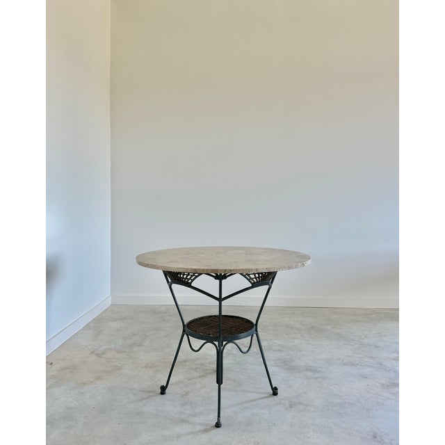 Wood Round Breccia Botticelli Marble Top on Iron Frame Table Inset With Woven Wicker For Sale - Image 7 of 16