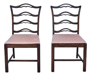 Pair of Mid 20th Century Chippendale Style Pierced Ladder Back Mahogany and Pink Upholstered Side Chairs