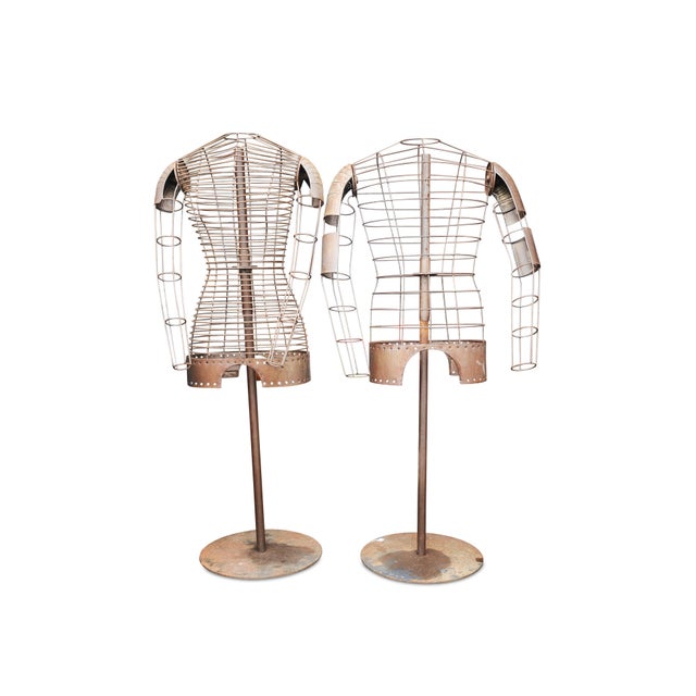 Vintage Patinated Metal Wire Frame Male & Female Mannequins, Set of 2 For Sale - Image 3 of 11