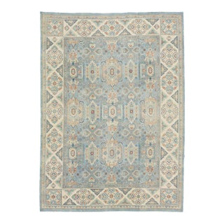 Contemporary Hand-Knotted Wool Oushak Style Area Rug in Sky Blue and Ivory For Sale