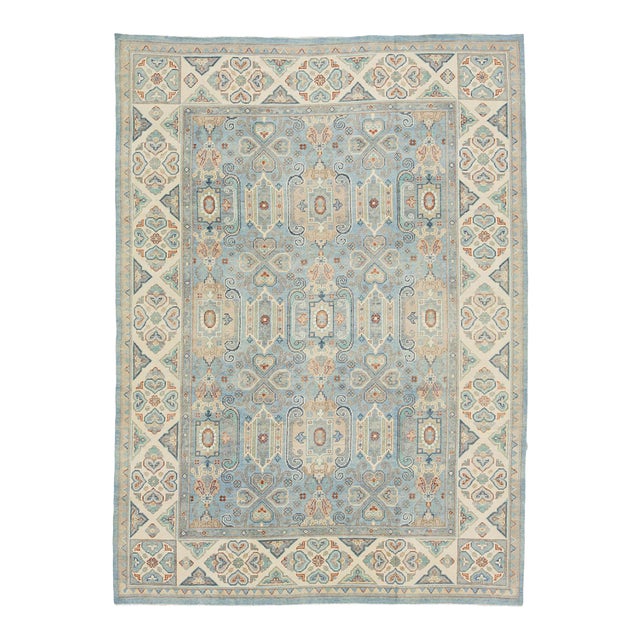 Contemporary Hand-Knotted Wool Oushak Style Area Rug in Sky Blue and Ivory For Sale