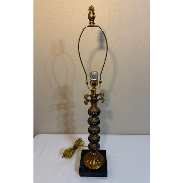 French Hollywood Regency Stacked Black Marble Antique Gold Acanthus Table Lamp For Sale - Image 3 of 12