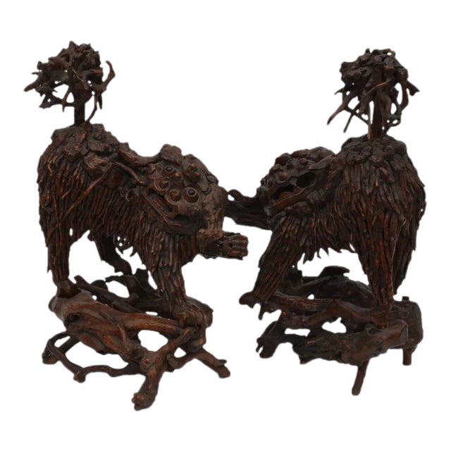 Mid 18th Century Chinese Carved Wood Foo Dogs - a Pair For Sale