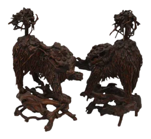 Mid 18th Century Chinese Carved Wood Foo Dogs - a Pair