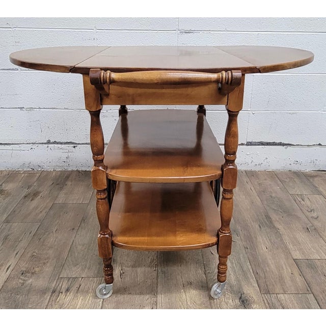 Traditional Vintage Solid Maple Drop Leaf Bar Cart Tea Cart For Sale - Image 3 of 12