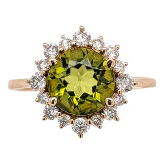2ct Peridot Ring W Natural Diamond Halo in Solid 14k Yellow Gold Round Size 6.75 For Sale