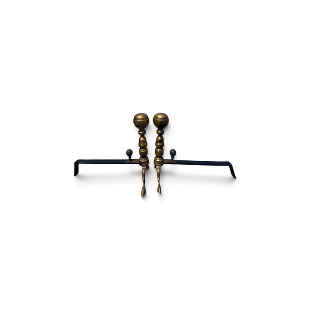 Antique Brass Ball Finial Fireplace Andirons Fire Dogs Pair Early 1900s For Sale - Image 4 of 18