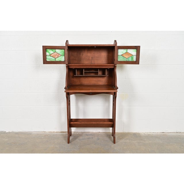 Early 20th Century Stickley Brothers Style Antique Mission Oak Arts & Crafts Secretary Desk With Stained Glass Doors, Circa 1900 For Sale - Image 5 of 14