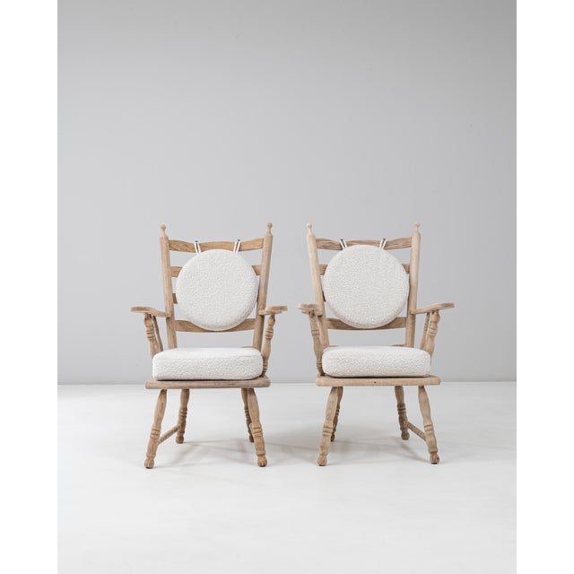 French 20th Century French Oak Spindle Back Armchairs With Round Bouclé Cushion - A Pair For Sale - Image 3 of 18