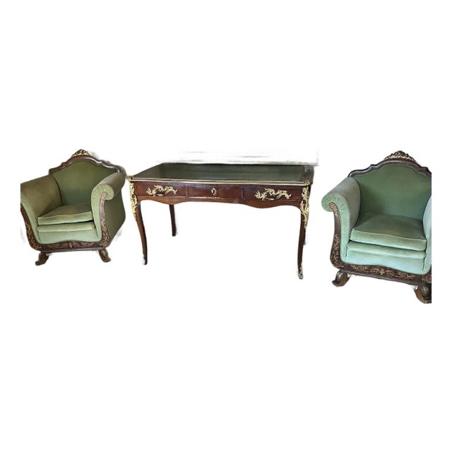 Desk Mounted Bureau Plat. French, Louis XV Revival Style,green Leather Surface With Gold Tooling For Sale