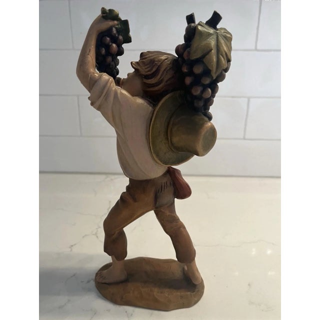 Rustic European Vintage German Oberammergau Anri Wood Carving Figure 10” Tall. Boy Eating Grapes For Sale - Image 3 of 9
