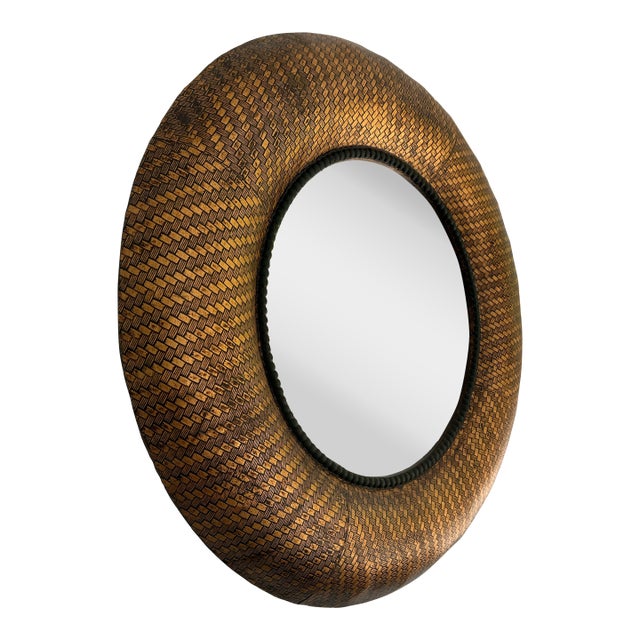 Tozai Home Gold Round Wall Mirror-Faux Wicker Texture For Sale