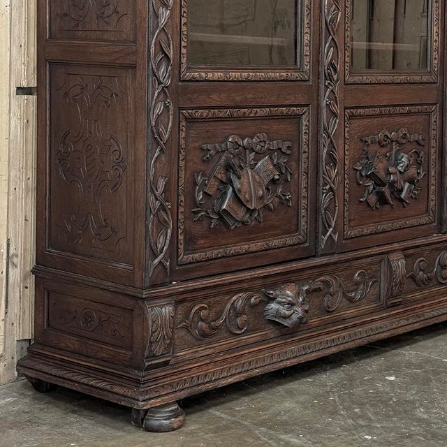 19th Century Renaissance Revival Hand-Carved Oak Triple Bookcase For Sale - Image 13 of 18