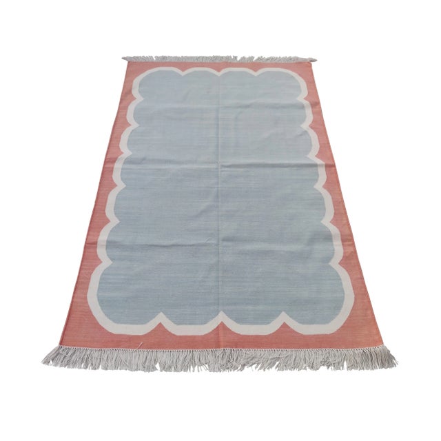 Not Yet Made - Made To Order Handmade Cotton Pale Aqua, Cream and Red Washed Border Scalloped Rug - 6'x9' For Sale - Image 5 of 6