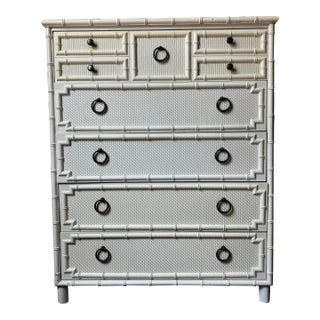 Vintage Drexel Hollywood Regency Faux Rattan & Bamboo Dresser, Antique White For Sale