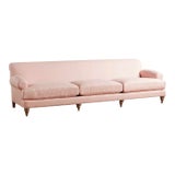 Linen Willoughby Grand Sofa: 3 Cushion Wilcox in Petal Pink, With Wooden Foot Casters For Sale