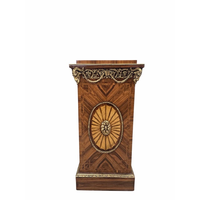 French Vintage French Louis XVI Style Parquetry and Ormolu Display Pedestals - Pair For Sale - Image 3 of 10