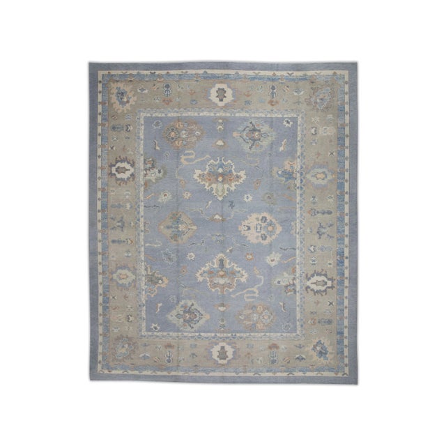 Blue Early 21st Century Blue & Taupe Floral Design Handwoven Wool Turkish Oushak Rug 12'3" X 15' For Sale - Image 8 of 8