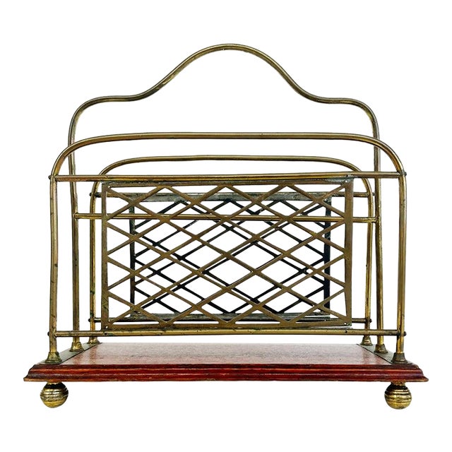 19th Century Antique English Brass, Mahogany Magazine Stand With 2 Compartments For Sale
