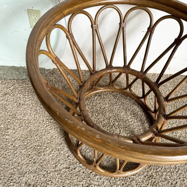 Wood Boho Chic Bamboo Rattan Circular Beveled Glass Top Side Table For Sale - Image 7 of 7