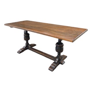 Early 20th Century English Solid Oak Refectory Table With H-Stretcher Base and Bulbous Turned Legs For Sale