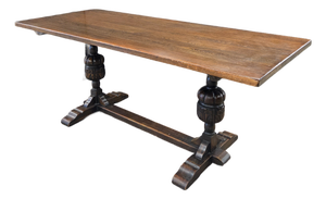 Early 20th Century English Solid Oak Refectory Table With H-Stretcher Base and Bulbous Turned Legs