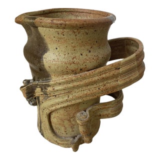 1970’s Vintage Brutalist Large Handmade Pottery Handled Vessel For Sale