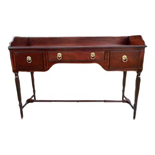 Baker Furniture Banded Inlaid Mahogany Console Table With 3 Drawers For Sale