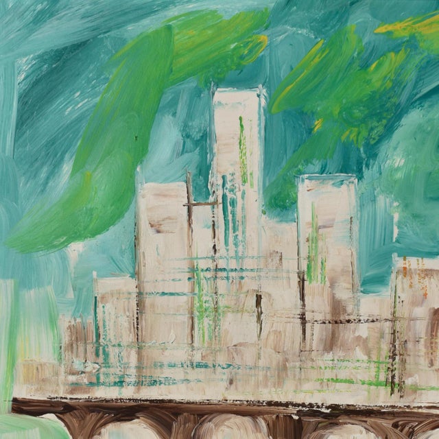 LeMark Mid-Century Modern Aqua Blue White and Green Nautical Harbor Painting For Sale - Image 4 of 9