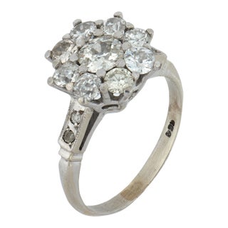 1940s Retro Diamond 18k White Gold Cluster Ring, Size 5.75 For Sale