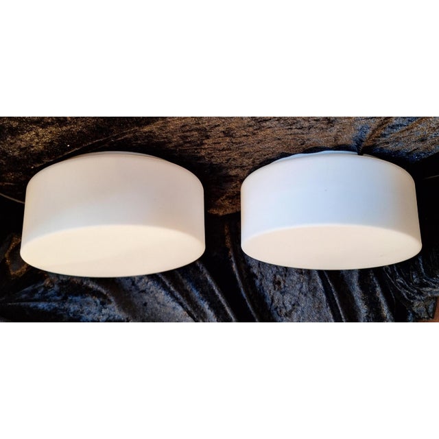 Vintage Minimalist Ceiling Lamps with White Metal Brackets and White Opal Glass Shades by Zumtobel, 1990s, Set of 2, in...