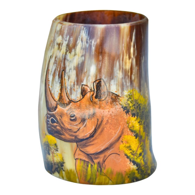 Vintage Handcrafted West-African Rhino-in-Forest Scene Horn Vessel For Sale