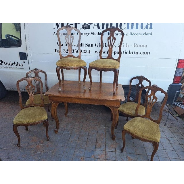 Gold Vintage Italian Walnut Table with Chairs, 1940s, Set of 7 For Sale - Image 8 of 8