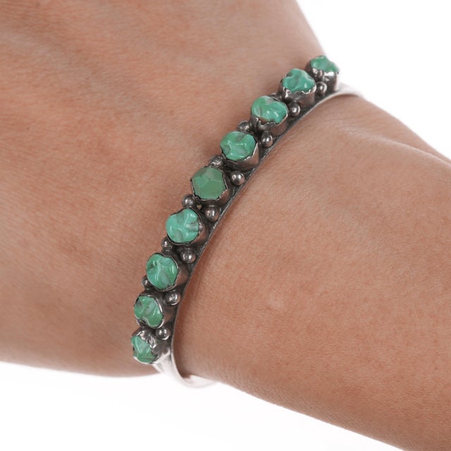 6 1/8" c1950's Zuni carved turquoise row cuff bracelet 5" plus 1 1/8" gap, sturdy but adjustable if necessary, unmarked....