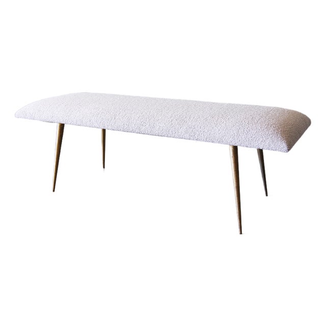 1950s Mid Century Modern Boucle and Brass Leg Mushroom Custom Bench For Sale