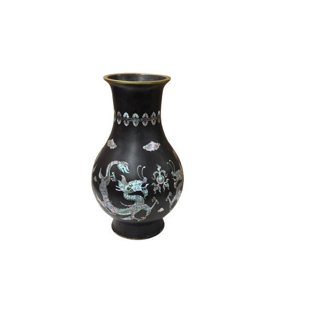 Vintage Metal Black Paint Mother of Pearl Double Dragon Art Vase For Sale - Image 4 of 12