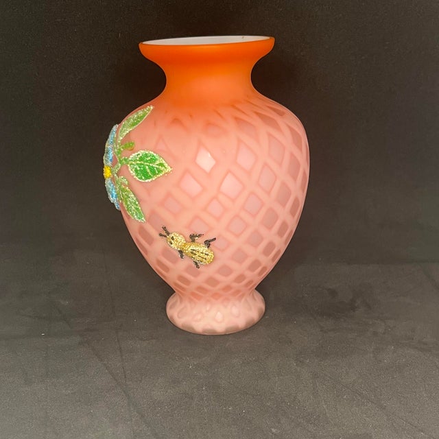 Offered is a beautiful antique Victorian satin art glass cabinet vase featuring an elegant soft pink satin finish over an...
