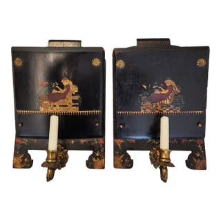 19th C. Chinoiserie Ebonized Wall Sconces & Letter Pockets - A Pair For Sale