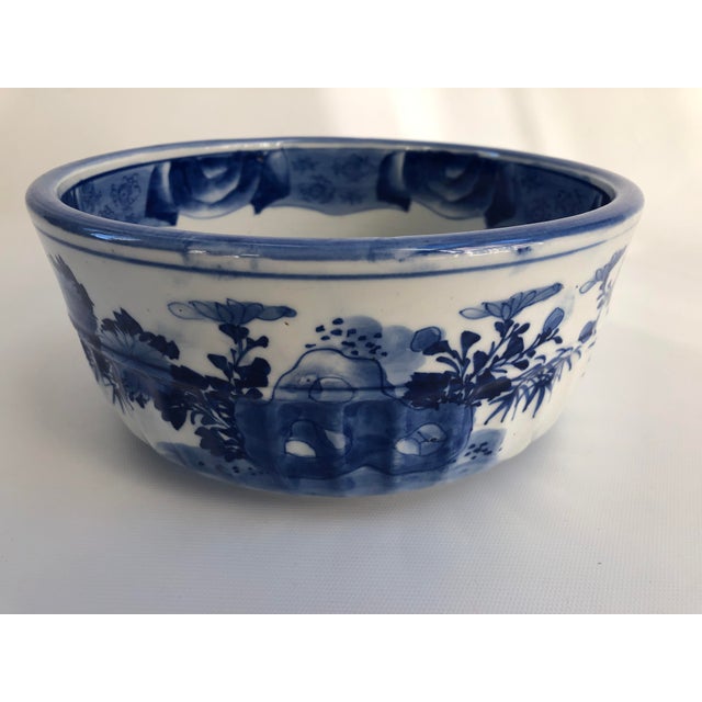 Blue Large Vintage Hand-Decorated Chinese Export Chinoiserie Blue & White Porcelain Bowl For Sale - Image 8 of 10