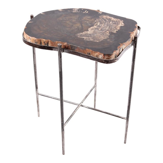 Living Edge Petrified Wood Top W Iron Stand Accent Table or Side Table 50 For Sale