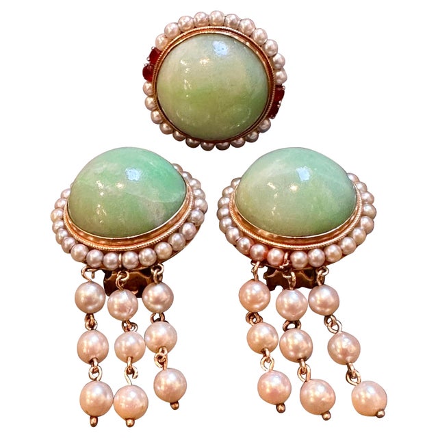 Vintage Natural Jade Earring & Ring Set + Natural Pearls, 14 K Yellow Gold 48 Gm For Sale - Image 15 of 18