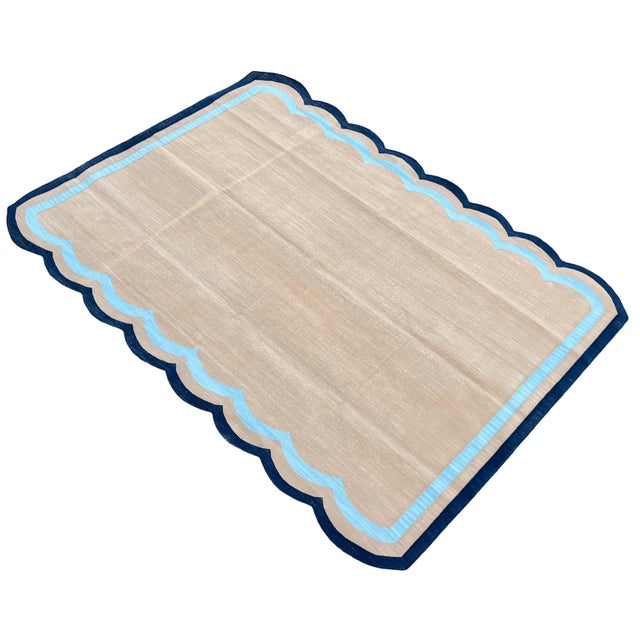 Mid-Century Modern Handmade Cotton Vegetable Dyed Scalloped Rug Muddy Beige, Sky and Navy Blue Border - 10'x14' For Sale - Image 3 of 11