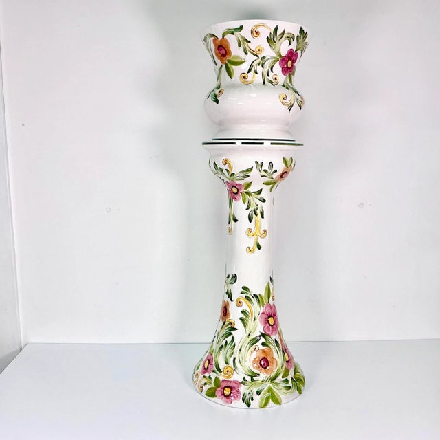 Asparagus Vintage Portuguese Mediterranean Hollywood Regency Ceramic Planter & Stand - 2 Piece Set. For Sale - Image 8 of 13