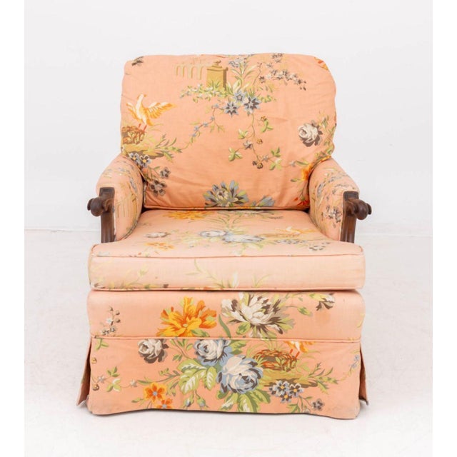 Contemporary Peach Floral Upholstered Lounge Chair and Ottoman For Sale - Image 3 of 10