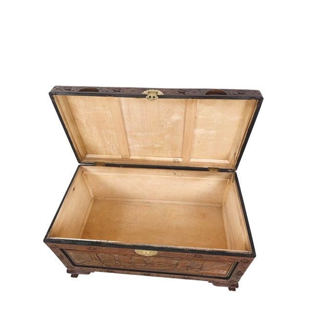 Vintage Asian Carved Wood Storage Chest With Figural Relief Panels For Sale - Image 9 of 18