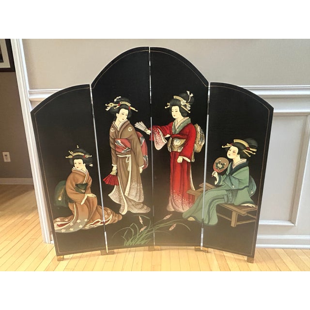 Stunning mid-century vintage black-lacquer, 4-panel folding screen. Made in China in the 1970s. Perfect size for a room...